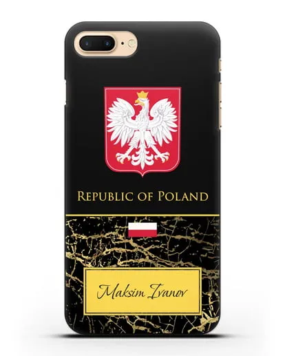 Чехол с гербом и флагом Республики Польша с именем, фамилией на английском языке, черный мрамор силиконовый для iPhone 8 Plus