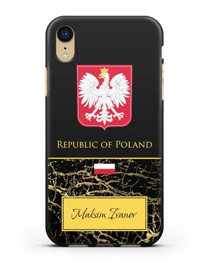 Чехол с гербом и флагом Республики Польша с именем, фамилией на английском языке, черный мрамор силиконовый для iPhone XR