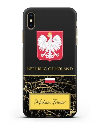 Чехол с гербом и флагом Республики Польша с именем, фамилией на английском языке, черный мрамор силиконовый для iPhone XS Max