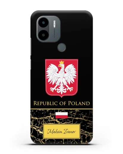 Чехол с гербом и флагом Республики Польша с именем, фамилией на английском языке, черный мрамор силиконовый для Xiaomi Poco C51