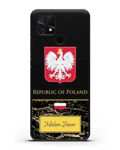 Чехол с гербом и флагом Республики Польша с именем, фамилией на английском языке, черный мрамор силиконовый для Xiaomi Poco C40