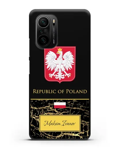 Чехол с гербом и флагом Республики Польша с именем, фамилией на английском языке, черный мрамор силиконовый для Xiaomi Poco F3
