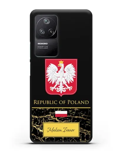Чехол с гербом и флагом Республики Польша с именем, фамилией на английском языке, черный мрамор силиконовый для Xiaomi Poco F4