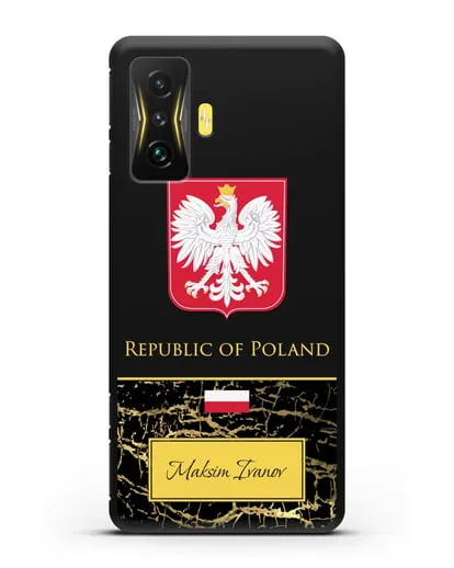 Чехол с гербом и флагом Республики Польша с именем, фамилией на английском языке, черный мрамор силиконовый для Xiaomi Poco F4 GT