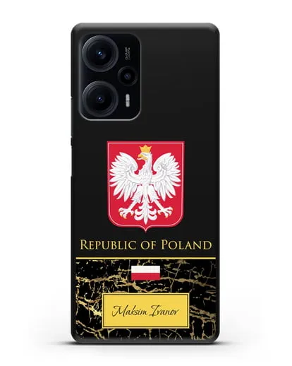 Чехол с гербом и флагом Республики Польша с именем, фамилией на английском языке, черный мрамор силиконовый для Xiaomi Poco F5