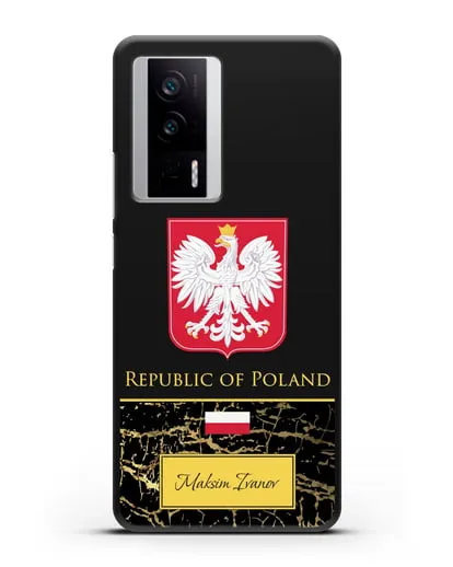 Чехол с гербом и флагом Республики Польша с именем, фамилией на английском языке, черный мрамор силиконовый для Xiaomi Poco F5 Pro