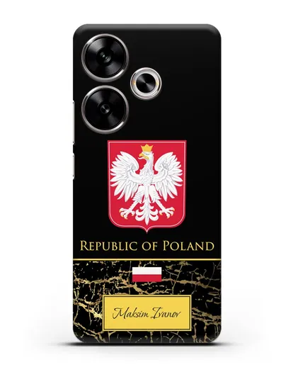 Чехол с гербом и флагом Республики Польша с именем, фамилией на английском языке, черный мрамор силиконовый для Xiaomi Poco F6