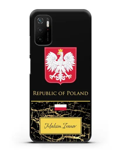 Чехол с гербом и флагом Республики Польша с именем, фамилией на английском языке, черный мрамор силиконовый для Xiaomi Poco M3 Pro