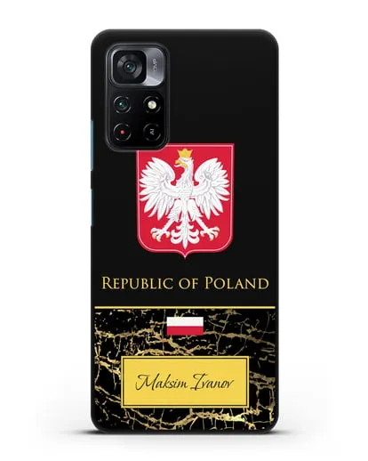 Чехол с гербом и флагом Республики Польша с именем, фамилией на английском языке, черный мрамор силиконовый для Xiaomi Poco M4 Pro 5G