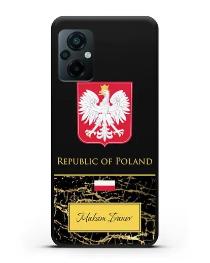 Чехол с гербом и флагом Республики Польша с именем, фамилией на английском языке, черный мрамор силиконовый для Xiaomi Poco M5