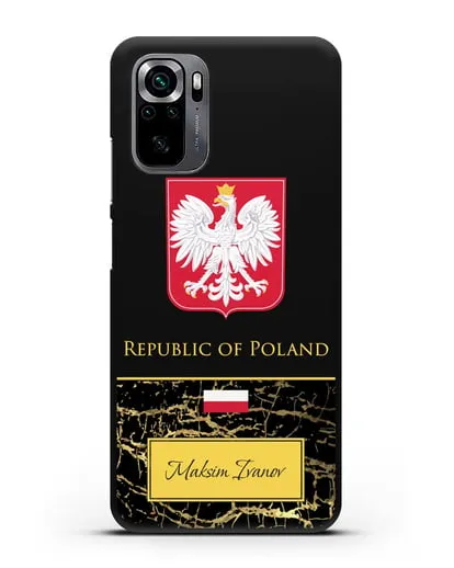 Чехол с гербом и флагом Республики Польша с именем, фамилией на английском языке, черный мрамор силиконовый для Xiaomi Poco M5s