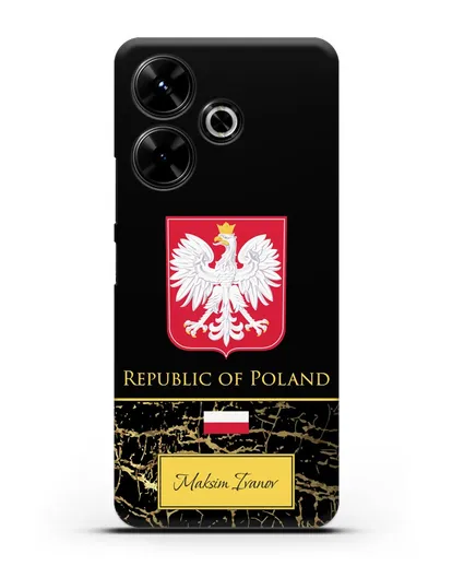 Чехол с гербом и флагом Республики Польша с именем, фамилией на английском языке, черный мрамор силиконовый для Xiaomi Poco M6