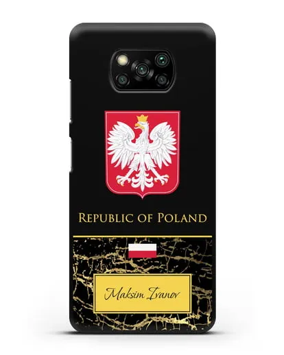 Чехол с гербом и флагом Республики Польша с именем, фамилией на английском языке, черный мрамор силиконовый для Xiaomi Poco X3