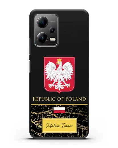 Чехол с гербом и флагом Республики Польша с именем, фамилией на английском языке, черный мрамор силиконовый для Xiaomi Poco X5