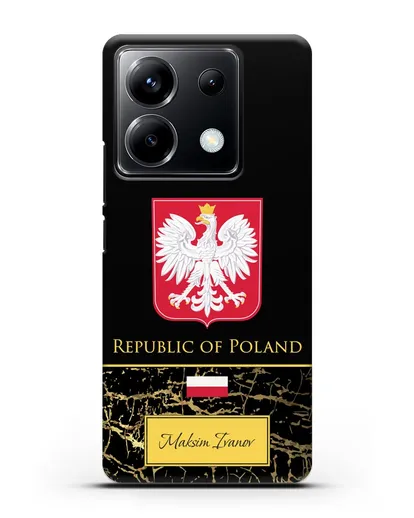 Чехол с гербом и флагом Республики Польша с именем, фамилией на английском языке, черный мрамор силиконовый для Xiaomi Poco X6