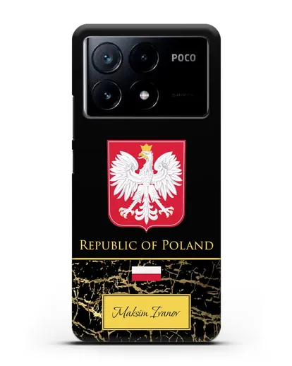 Чехол с гербом и флагом Республики Польша с именем, фамилией на английском языке, черный мрамор силиконовый для Xiaomi Poco X6 Pro