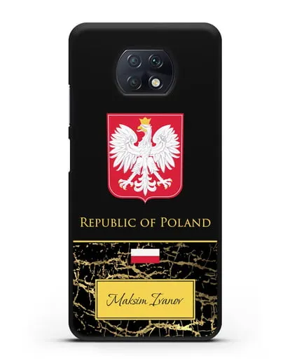 Чехол с гербом и флагом Республики Польша с именем, фамилией на английском языке, черный мрамор силиконовый для Xiaomi Redmi Note 9T