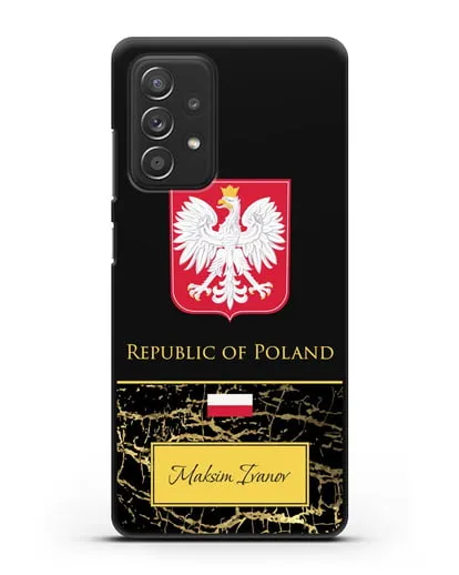 Чехол с гербом и флагом Республики Польша с именем, фамилией на английском языке, черный мрамор силиконовый для Samsung Galaxy A53