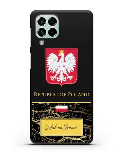 Чехол с гербом и флагом Республики Польша с именем, фамилией на английском языке, черный мрамор силиконовый для Samsung Galaxy M53 [SM-M536]