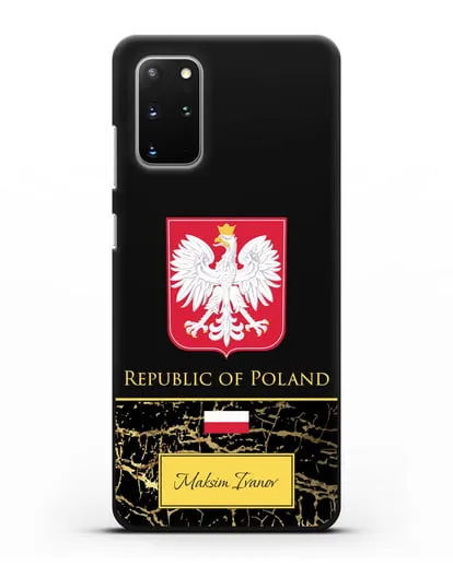 Чехол с гербом и флагом Республики Польша с именем, фамилией на английском языке, черный мрамор силиконовый для Samsung Galaxy S20 Plus [SM-G985F]