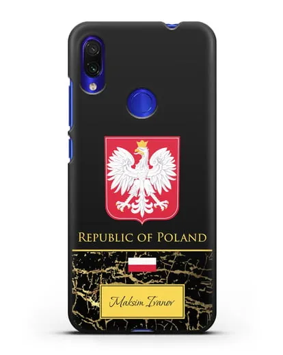Чехол с гербом и флагом Республики Польша с именем, фамилией на английском языке, черный мрамор силиконовый для Xiaomi Redmi Note 7