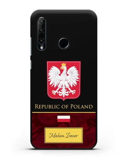 Чехол с гербом и флагом Республики Польша с именем, фамилией на английском языке, красный мрамор силиконовый для Honor 20e
