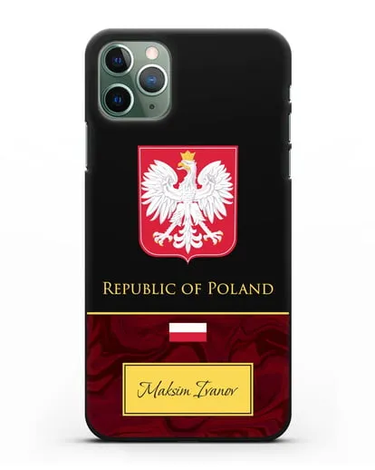 Чехол с гербом и флагом Республики Польша с именем, фамилией на английском языке, красный мрамор силиконовый для iPhone 11 Pro