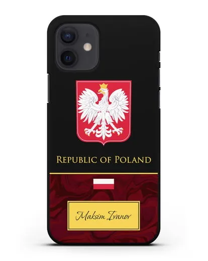 Чехол с гербом и флагом Республики Польша с именем, фамилией на английском языке, красный мрамор силиконовый для iPhone 12