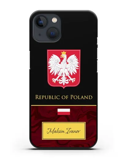 Чехол с гербом и флагом Республики Польша с именем, фамилией на английском языке, красный мрамор силиконовый для iPhone 13