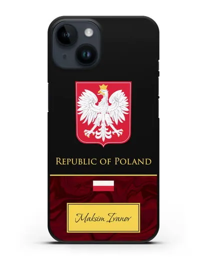 Чехол с гербом и флагом Республики Польша с именем, фамилией на английском языке, красный мрамор силиконовый для iPhone 14