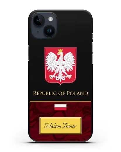 Чехол с гербом и флагом Республики Польша с именем, фамилией на английском языке, красный мрамор силиконовый для iPhone 14 Plus