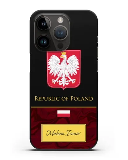 Чехол с гербом и флагом Республики Польша с именем, фамилией на английском языке, красный мрамор силиконовый для iPhone 14 Pro