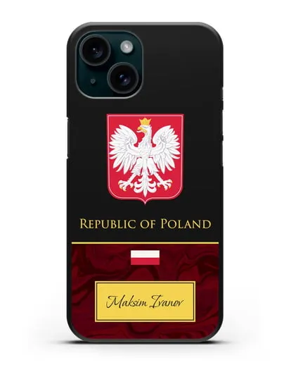 Чехол с гербом и флагом Республики Польша с именем, фамилией на английском языке, красный мрамор силиконовый для iPhone 15