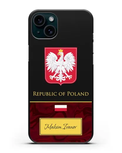 Чехол с гербом и флагом Республики Польша с именем, фамилией на английском языке, красный мрамор силиконовый для iPhone 15 Plus