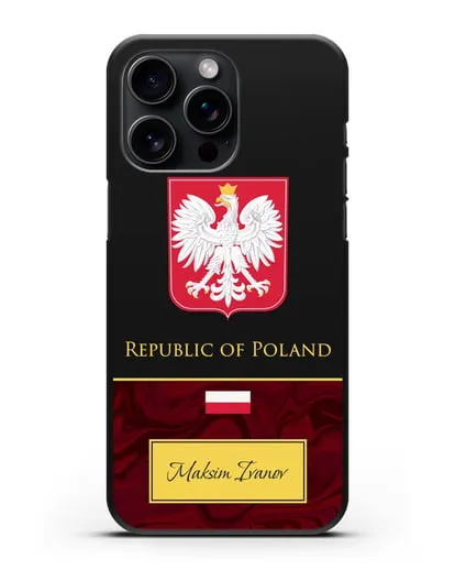 Чехол с гербом и флагом Республики Польша с именем, фамилией на английском языке, красный мрамор силиконовый для iPhone 15 Pro Max