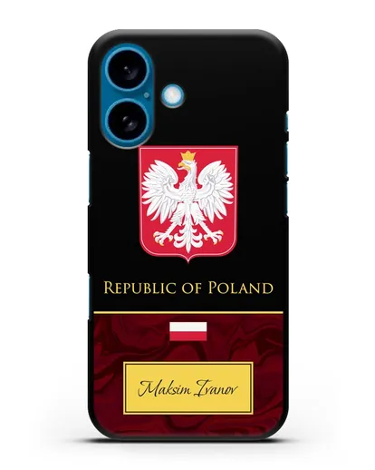 Чехол с гербом и флагом Республики Польша с именем, фамилией на английском языке, красный мрамор силиконовый для iPhone 16