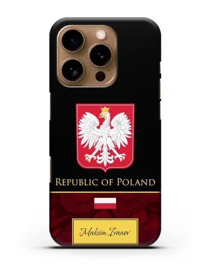 Чехол с гербом и флагом Республики Польша с именем, фамилией на английском языке, красный мрамор силиконовый для iPhone 16 Pro