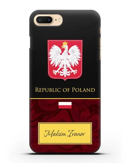 Чехол с гербом и флагом Республики Польша с именем, фамилией на английском языке, красный мрамор силиконовый для iPhone 8 Plus