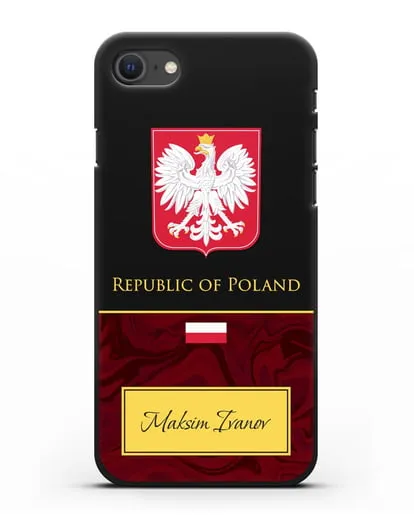 Чехол с гербом и флагом Республики Польша с именем, фамилией на английском языке, красный мрамор силиконовый для iPhone SE 2020