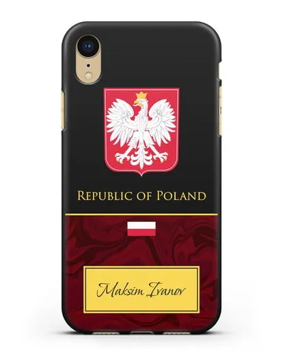 Чехол с гербом и флагом Республики Польша с именем, фамилией на английском языке, красный мрамор силиконовый для iPhone XR