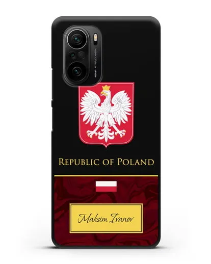 Чехол с гербом и флагом Республики Польша с именем, фамилией на английском языке, красный мрамор силиконовый для Xiaomi Poco F3