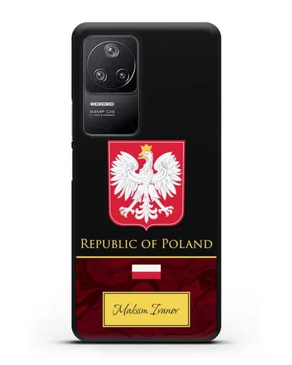 Чехол с гербом и флагом Республики Польша с именем, фамилией на английском языке, красный мрамор силиконовый для Xiaomi Poco F4