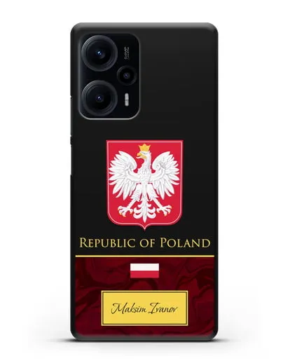 Чехол с гербом и флагом Республики Польша с именем, фамилией на английском языке, красный мрамор силиконовый для Xiaomi Poco F5