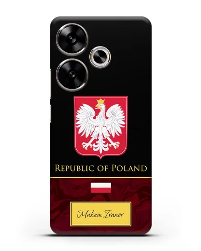 Чехол с гербом и флагом Республики Польша с именем, фамилией на английском языке, красный мрамор силиконовый для Xiaomi Poco F6
