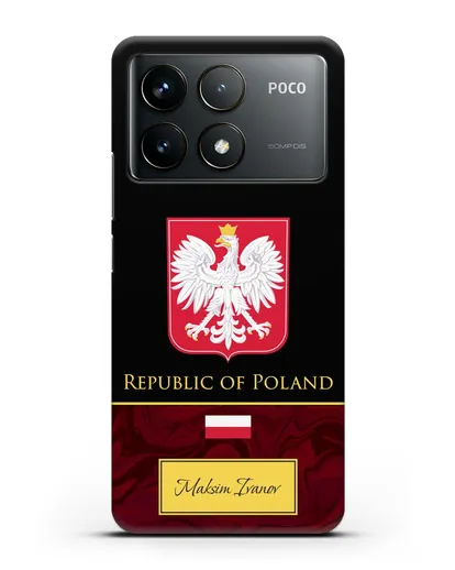 Чехол с гербом и флагом Республики Польша с именем, фамилией на английском языке, красный мрамор силиконовый для Xiaomi Poco F6 Pro