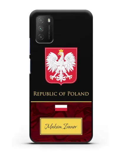 Чехол с гербом и флагом Республики Польша с именем, фамилией на английском языке, красный мрамор силиконовый для Xiaomi Poco M3