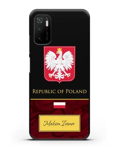 Чехол с гербом и флагом Республики Польша с именем, фамилией на английском языке, красный мрамор силиконовый для Xiaomi Poco M3 Pro