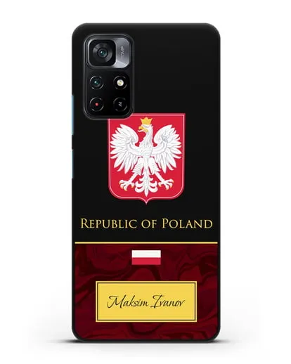 Чехол с гербом и флагом Республики Польша с именем, фамилией на английском языке, красный мрамор силиконовый для Xiaomi Poco M4 Pro 5G