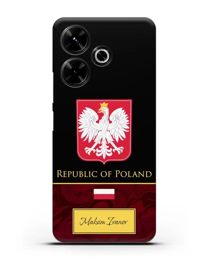 Чехол с гербом и флагом Республики Польша с именем, фамилией на английском языке, красный мрамор силиконовый для Xiaomi Poco M6