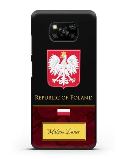 Чехол с гербом и флагом Республики Польша с именем, фамилией на английском языке, красный мрамор силиконовый для Xiaomi Poco X3